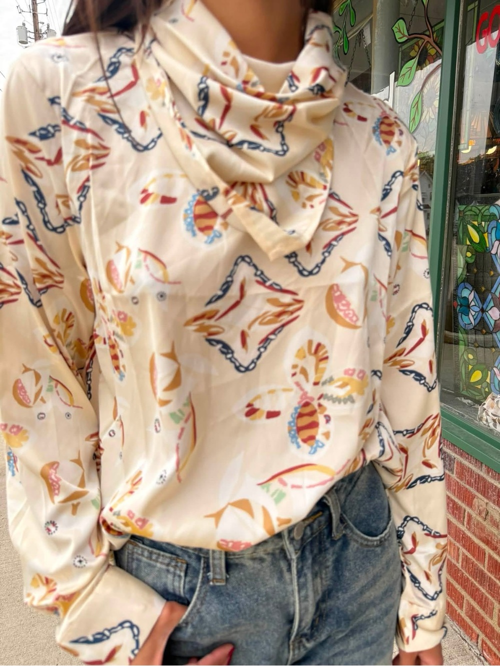 Cream Printed Cowl Neck Blouse